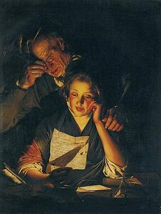 A Young Girl Reading A Letter, With An Old Man Reading Over Her Shoulder - Art Print Art Print - A Young Girl Reading A Letter, With An Old Man Reading Over Her Shoulder