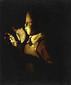 Boy Blowing At Lamp - Art Print Art Print - Boy Blowing At Lamp