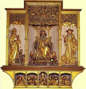 Art Print - Central Part: Wooden Carved Figures Of St. August, St. Anthony, St. Jerome; Bottom Part Jesus With 12 Apostles. Sculptures By Nicolas De Haguenau (Active In Strasbourg Around 1490)