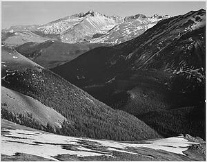 Close In View Art Print - Close In View, Dark Shadowed Hills In Foreground, Mountains In Background, "long's Peak, Rocky Mountain National Park, " Colorado. Photographs Of National Parks And Monuments, Compiled 1941 - 1942, Documenting The Period Ca. 1933 - 1942.