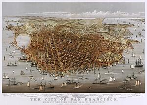 Colors Art Print - Color Lithograph Of The City Of San Francisco. Birds Eye View From The Bay Looking South-West. Panoramic View Of San Francisco, California, With The San Francisco Bay In The Foreground And The Pacific Ocean In The Background.