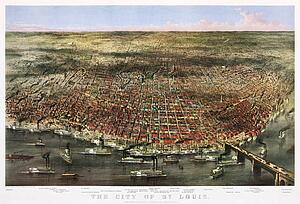 See Art Print - Color Lithograph Of The City Of St. Louis. Bird's-Eye View Of St. Louis, Missouri, As Seen From Above The Mississippi River; Prominent Features Identified Below The Image.