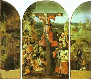 Art Print - Crucifixion Of St. Julia (Triptych). Left Wing: St. Anthony In Meditation. More. Central Panel: Crucifixion Of St. Julia Or Liberata. More. Right Wing: Two Slave-Dealers