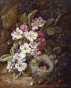 Bird Art Print - Flowers And Bird's Nest On A Mossy Bank
