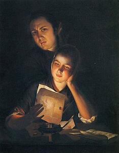 Girl Reading A Letter By Candlelight, With A Young Man Peering Over Her Shoulder - Art Print Art Print - Girl Reading A Letter By Candlelight, With A Young Man Peering Over Her Shoulder