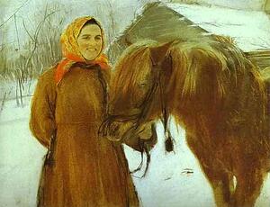 In A Village. Peasant Woman With A Horse - Art Print Art Print - In A Village. Peasant Woman With A Horse