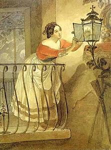 Art Print - Italian Woman Lightning A Lamp Before The Image Of Madonna