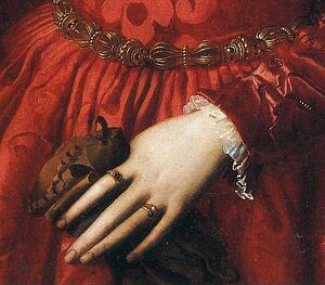 Art Print - Lady In A Red Dress With A Fair-Haired Little Boy. Detail