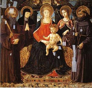 Madonna And Child Enthroned Among St. Benedict, St. Scholastica, St. Ursula And St. John Gualberto - Art Print Art Print - Madonna And Child Enthroned Among St. Benedict, St. Scholastica, St. Ursula And St. John Gualberto