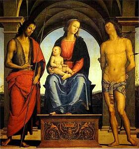 Madonna And Child Enthroned With St. John The Baptist And St. Sebastian - Art Print Art Print - Madonna And Child Enthroned With St. John The Baptist And St. Sebastian