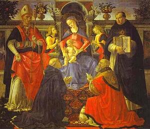 Madonna And Child Enthroned With Two Angels, St. Dionysius The Aereopagite And St. Dominic, Pope Clement And St. Thomas Aquinas - Art Print Art Print - Madonna And Child Enthroned With Two Angels, St. Dionysius The Aereopagite And St. Dominic, Pope Clement And St. Thomas Aquinas