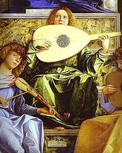 Madonna And Child, Three Musical Angels, And Ss. Francis, John The Baptist, Job, Dominic, Sebastian, And Louis Of Toulouse, Known As The St. Job (Giobbe) Altarpiece. Detail - Art Print Art Print - Madonna And Child, Three Musical Angels, And Ss. Francis, John The Baptist, Job, Dominic, Sebastian, And Louis Of Toulouse, Known As The St. Job (Giobbe) Altarpiece. Detail
