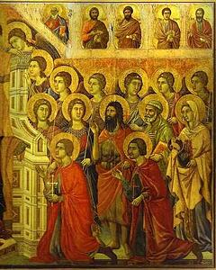Maestà (Front, Central Panel, Detail Of) The Mother Of God Enthroned With The Christ Child, Amidst Angels And Saints - Art Print Art Print - Maestà (Front, Central Panel, Detail Of) The Mother Of God Enthroned With The Christ Child, Amidst Angels And Saints