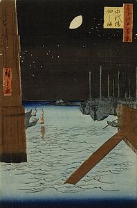 Moon Art Print - Moon Over Ships Moored At Tsukuda Island From Eitai Bridge
