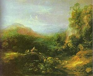 Mountain Landscape With Peasants Crossing A Bridge - Art Print Art Print - Mountain Landscape With Peasants Crossing A Bridge