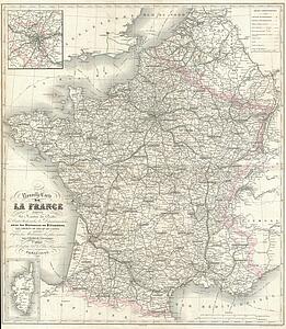 Carte Art Print - Nouvelle Carte Del La France Indiquant Les Routes De Poste, Les Routes Nationales & Departmentales Aved Les Distances En Kilometres.