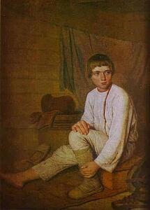 Art Print - Peasant Boy Putting On Bast Sandals