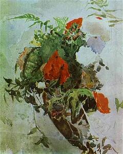 Art Print - Red Flowers And Leaves Of Begonia In A Basket