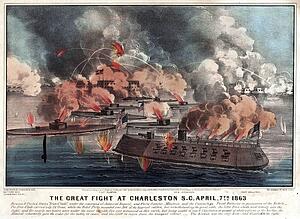 Under Art Print - The Great Fight At Charleston S. C. April, 7th 1863 (First Battle Of Charleston Harbor): Between 9 United States "iron-Clads, " Under The Command Of Admiral Dupont; And Forts Sumter, Moultrie, And The Cummings Point Batteries In Possession Of The Rebels.