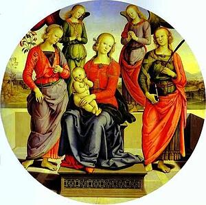 The Virgin And Child Surrounded By Two Angels, St. Rose, And St. Catherine - Art Print Art Print - The Virgin And Child Surrounded By Two Angels, St. Rose, And St. Catherine