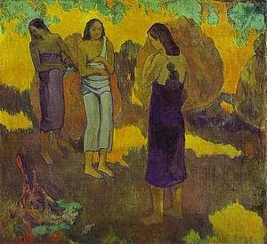 Art Print - Three Tahitian Women Against A Yellow Background