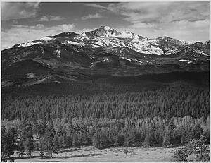 Snow Covered Mountains In Background Art Print - Trees In Foreground, Snow Covered Mountain In Background, "long's Peak From North, Rocky Mountain National Park, " Colorado. Photographs Of National Parks And Monuments, Compiled 1941 - 1942, Documenting The Period Ca. 1933 - 1942.