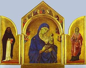 Triptych (The Holy Virgin And The Christ Child With St. Dominic And St. Aurea) - Art Print Art Print - Triptych (The Holy Virgin And The Christ Child With St. Dominic And St. Aurea)