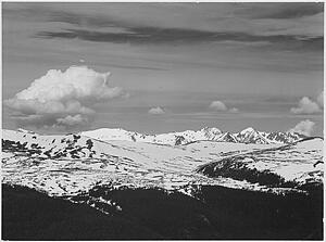 Gray Art Print - View At Timberline, Dark Foreground, Light Snow Capped Mountain, Gray Sky, "rocky Mountain National Park. Never Summer Range, "colorado. Photographs Of National Parks And Monuments, Compiled 1941 - 1942, Documenting The Period Ca. 1933 - 1942.