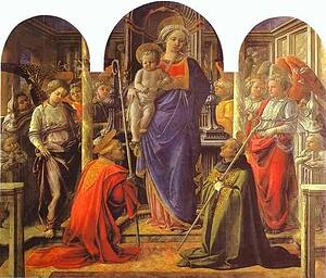 Virgin And Child Surrounded By Angels With St. Frediano And St. Augustine (The Barbadori Altarpiece) - Art Print Art Print - Virgin And Child Surrounded By Angels With St. Frediano And St. Augustine (The Barbadori Altarpiece)