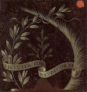 Palm Art Print - Wreath Of Laurel, Palm, And Juniper With A Scroll Inscribed Virtutem Forum Decorat [Reverse]